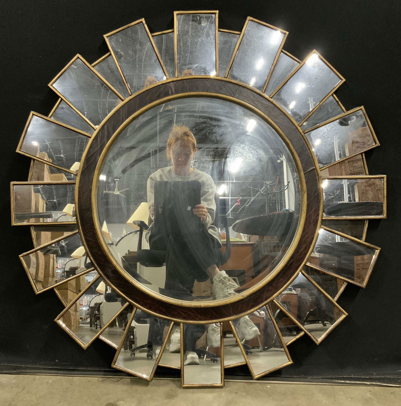 Wooden Leather Sunburst Wall Hanging Mirror (1 of 7)