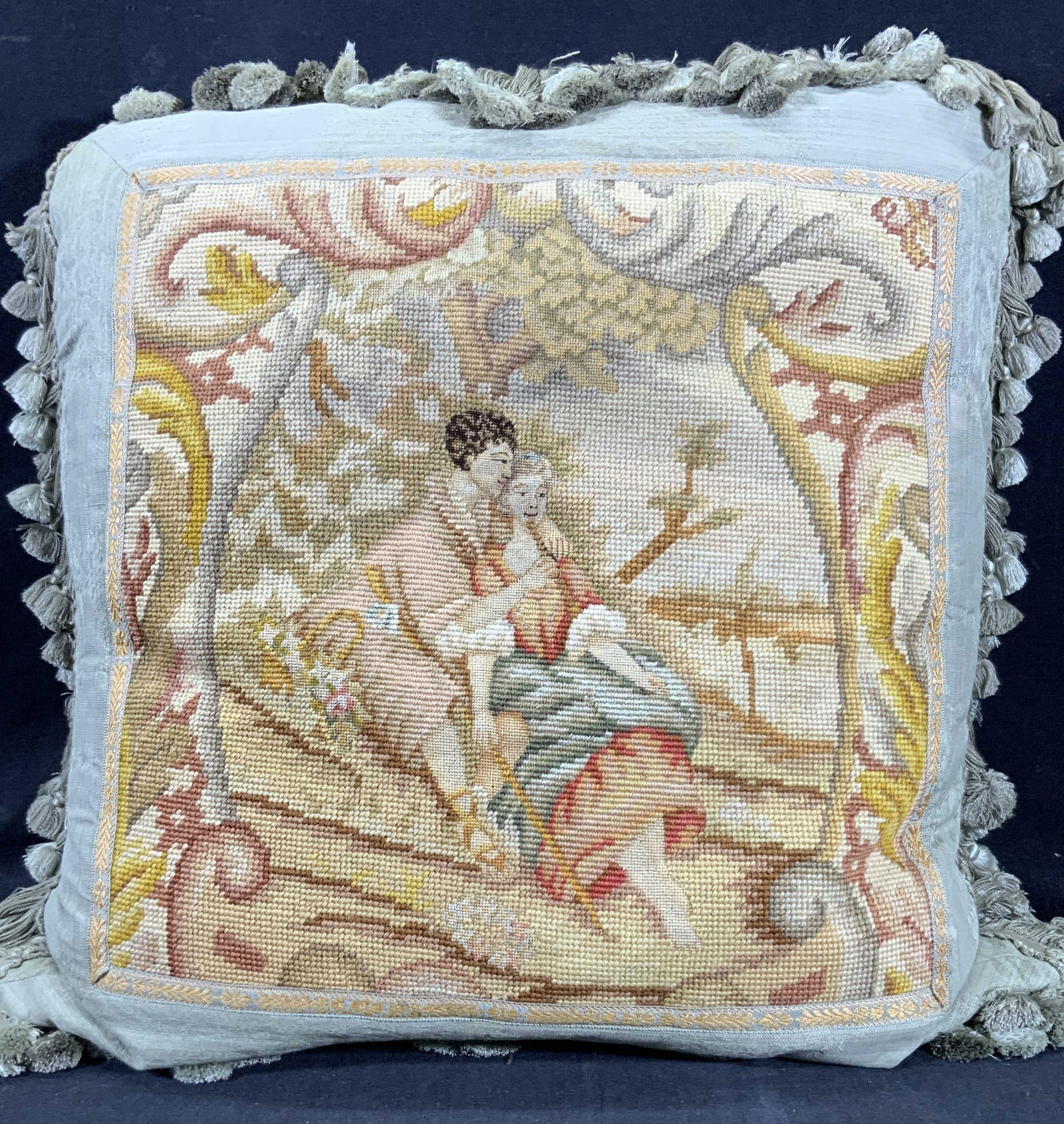 Antique Romantic Needlepoint Tasseled Silk Pillow (1 of 13)