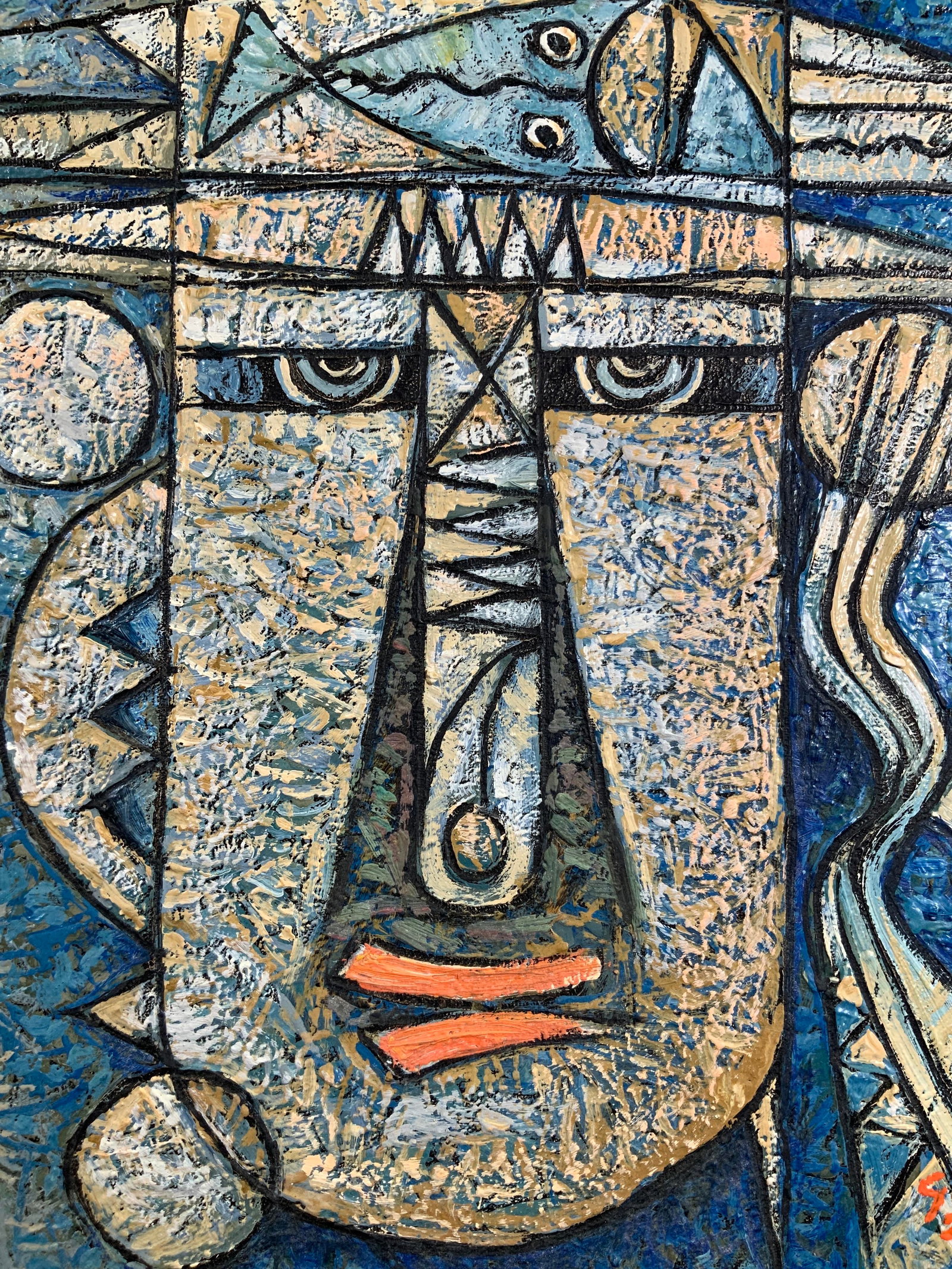 GIANTO Signed Indonesian Vintage Acrylic Painting: Acrylic and gesso on canvas. Signed on lower right corner. Signature reads Gianto. Dated 2001 in lower right corner. Subject depicts a surrealist geometric face with other shapes intersecting. Affixed