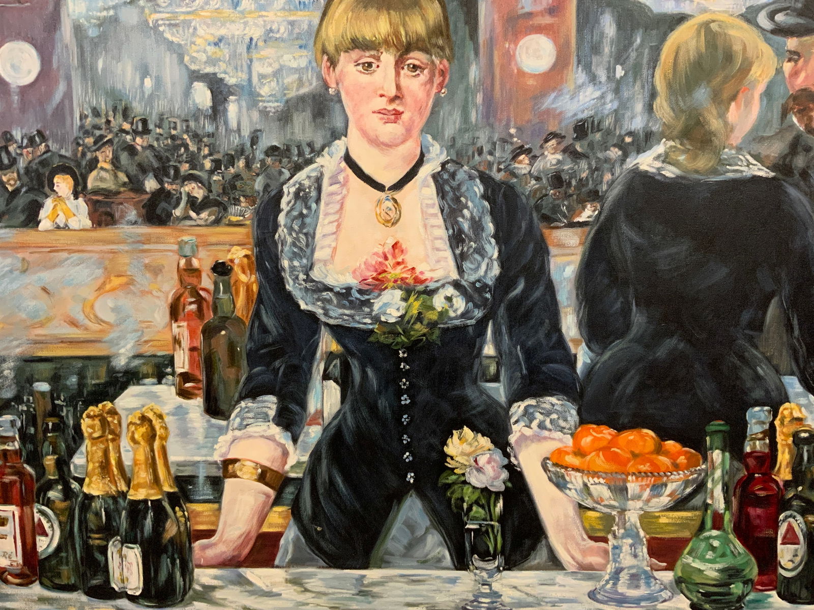 After Edouard Manet Bar at the Folies-Bergeres Oil: Oil painting on canvas. Titled A Bar at the Folies-Bergeres. After Edouard Manet. Reproduction of original work by Edouard Manet. Subject depicts a bartender at her bar with different bottled drinks a