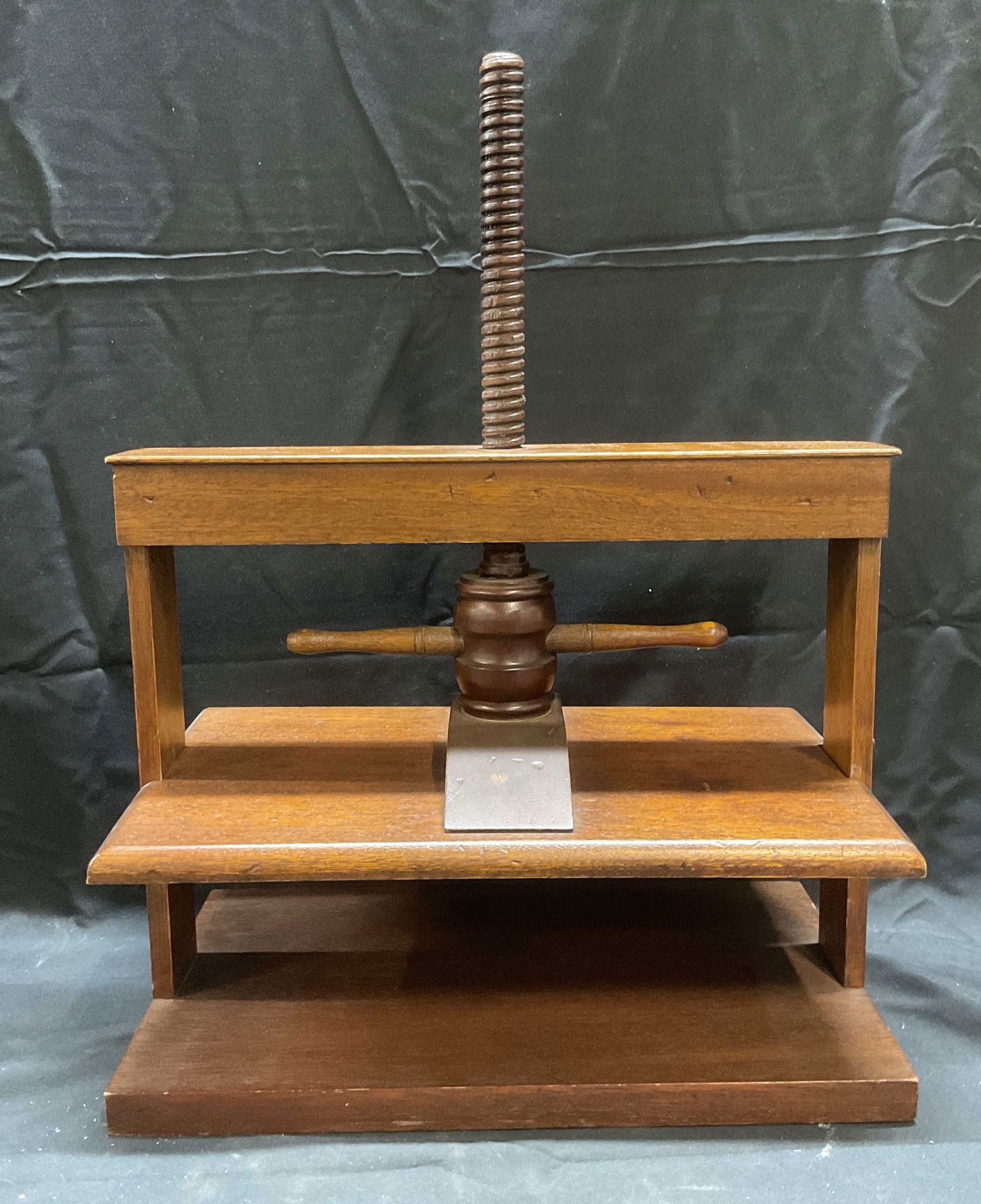 Vintage Wooden Book Press: Vintage wooden book or linen press. Measures approx. 15 x 9 x 12 inches. Piece has weight. Some surface wear including scratching observed. Book press, linen press, wood book press, wood linen press,