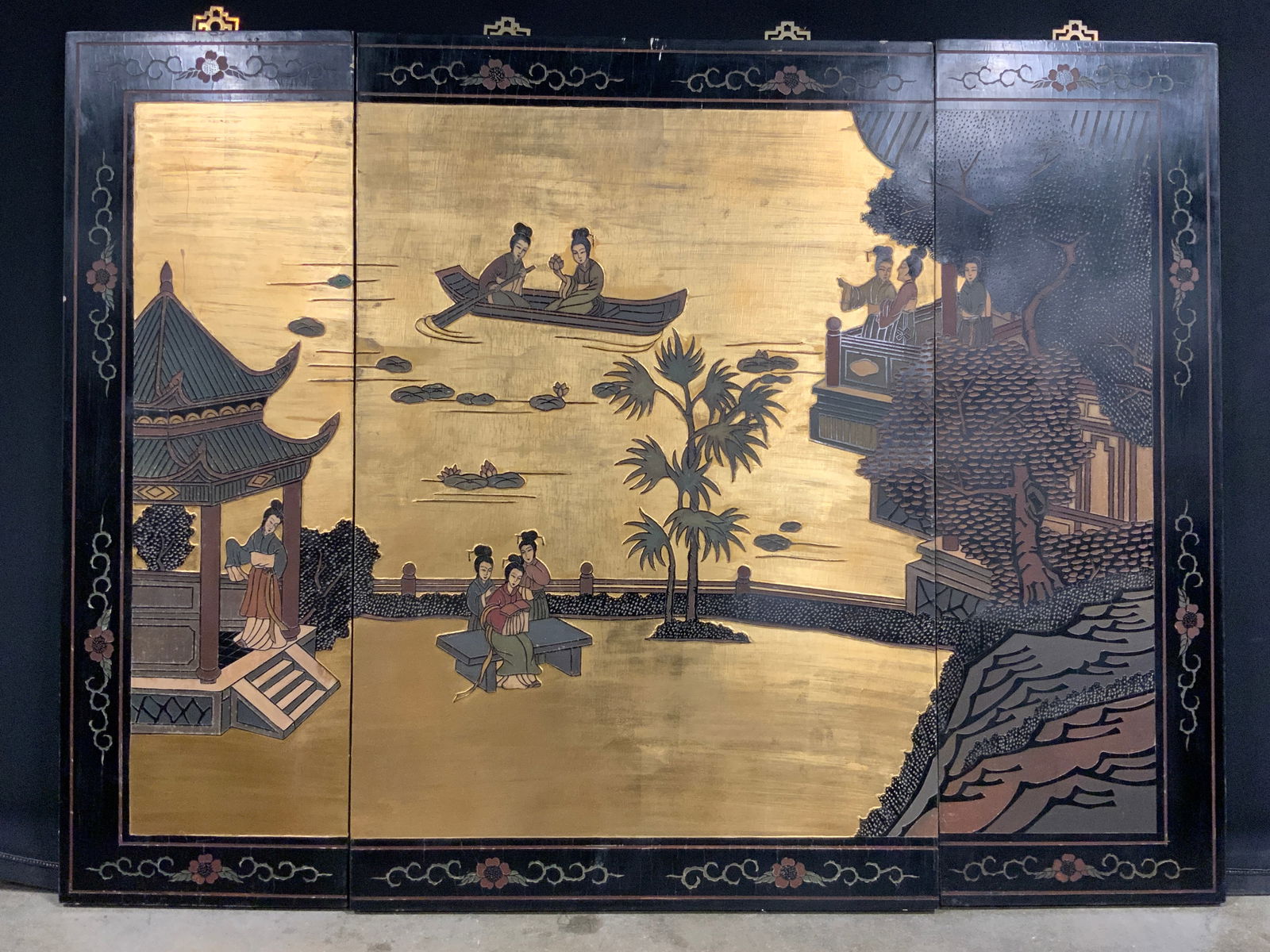 Asian Three Panel Gilt Low Relief Art Divider (1 of 12)