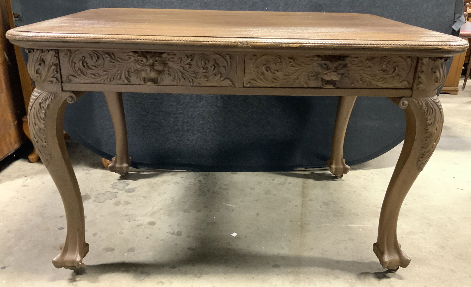 Vntg Carved Wood Dining Table On Casters W Drawers (1 of 10)