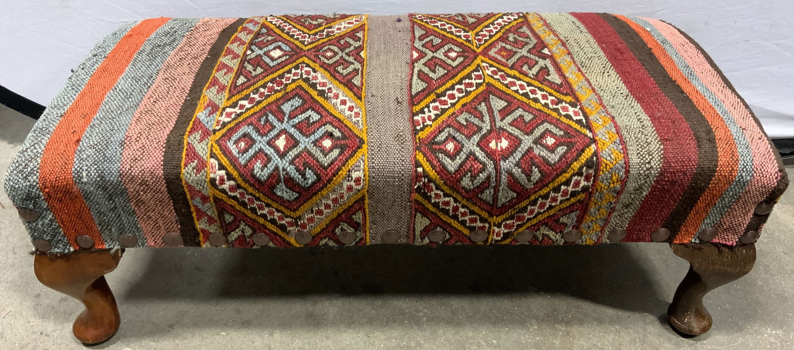 Vntg Wool Kilim Upholstered Footstool w Feet (1 of 8)