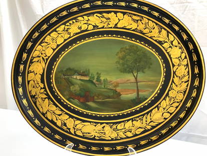 Hand Painted Toleware Tray of Washingtons Tomb: Hand Painted XL toleware tray- Washingtons Tomb at Mount Vernon. Reproduction Art of the artist William Matthew Prior (1806-1873). Original painting ca.. 1855. Tray has floral and leaf decor in gilt w