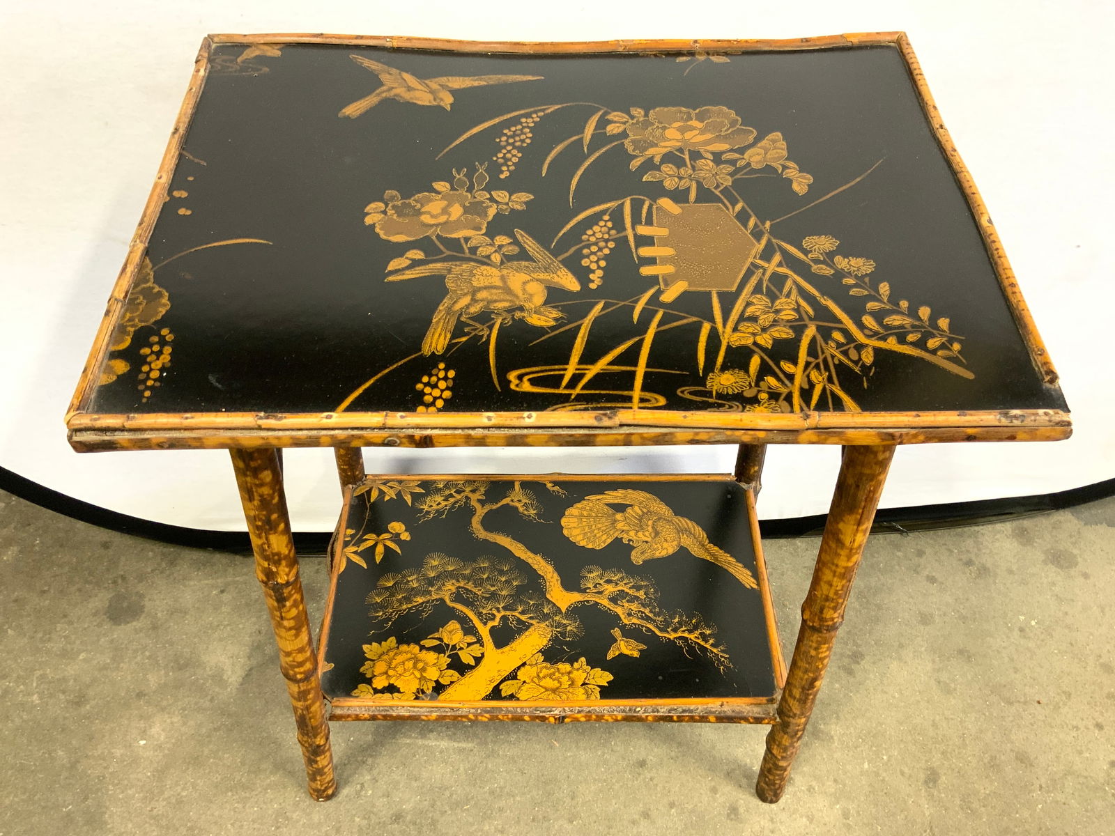 Asian Bamboo Table W Lacquered Top & Gilt Detail (1 of 7)