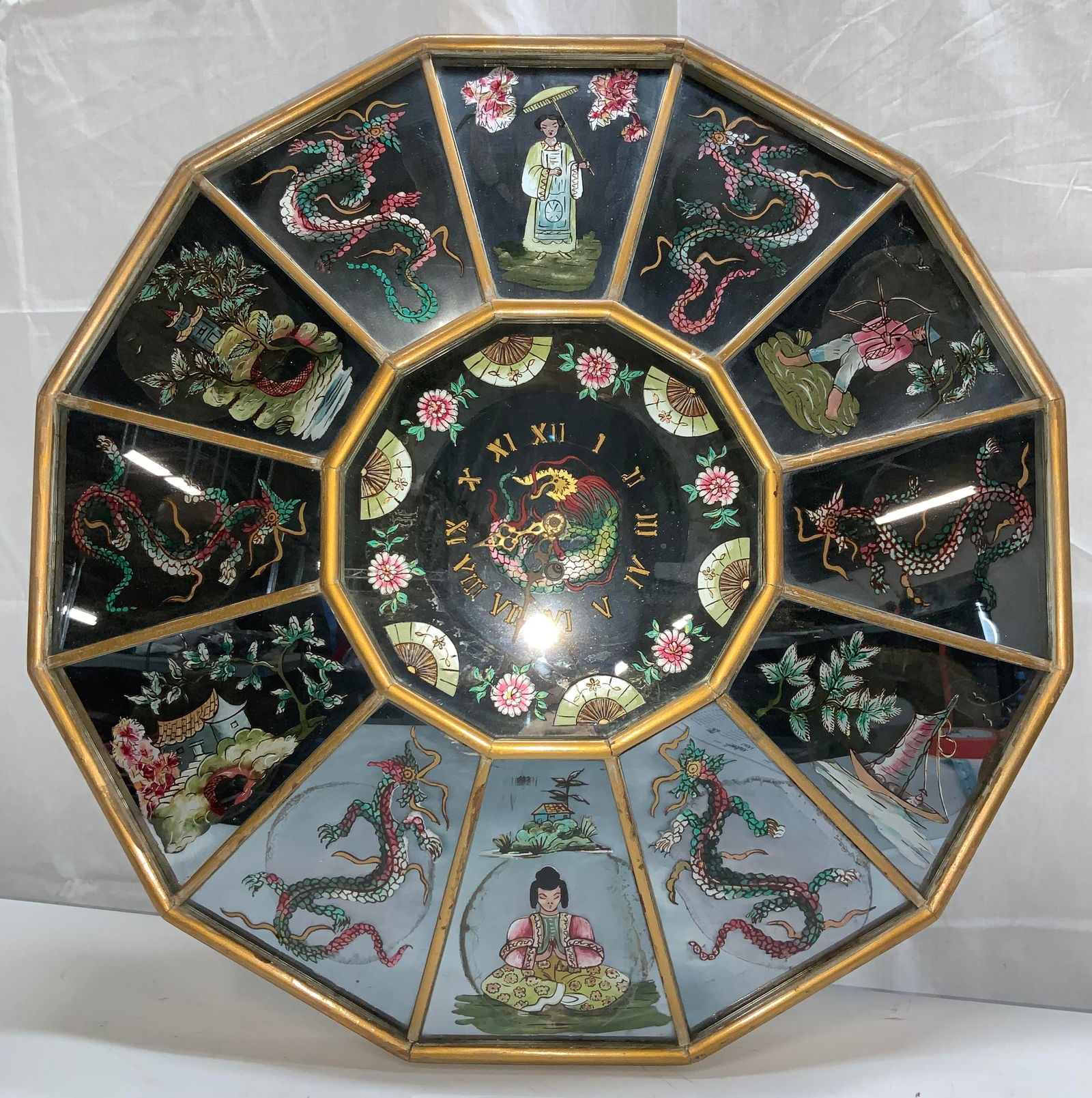 Reverse Painted Asian Mirror Clock, 24 in. W (1 of 10)