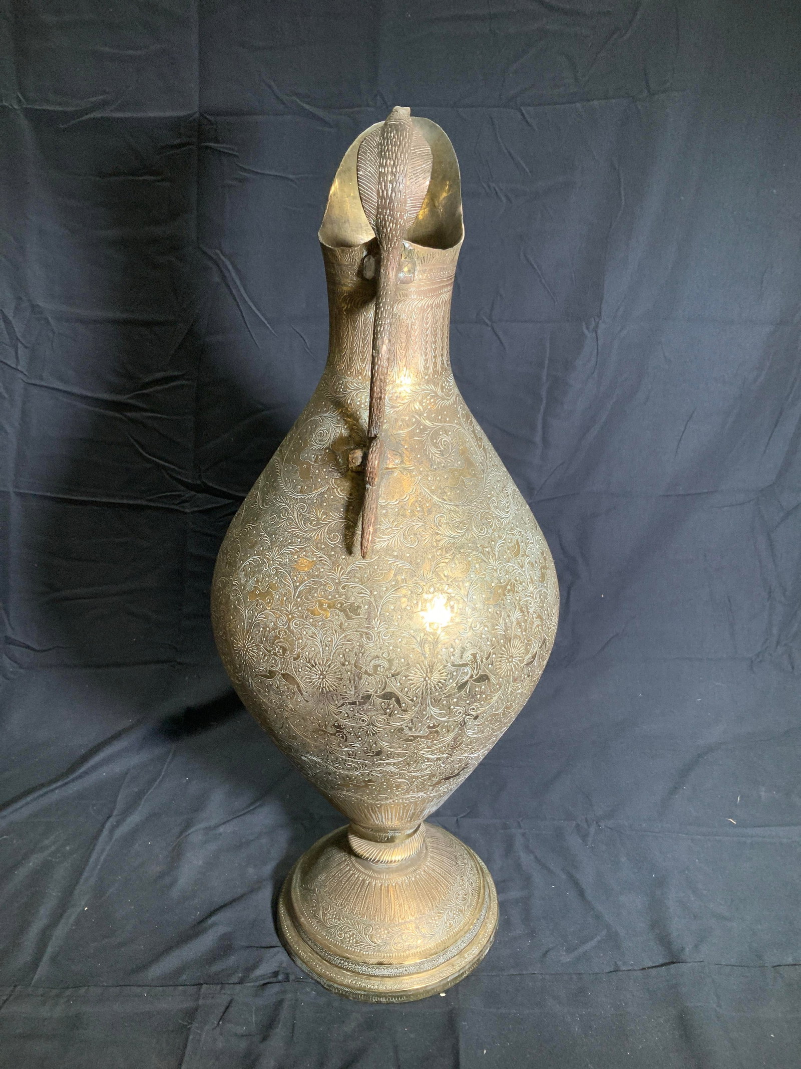 Middle Eastern Chased Brass Ewer w Cobra Handle (1 of 8)