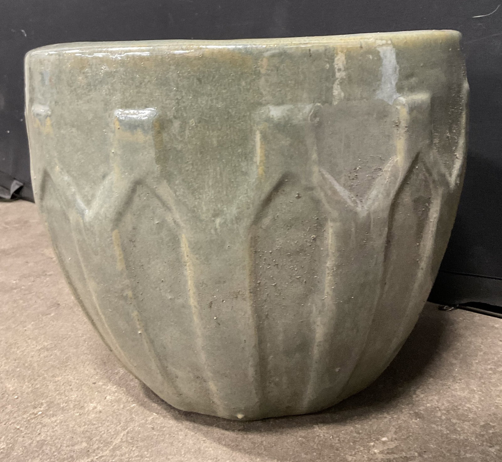 PENNINGTON Glazed Pottery Planter: A glazed pottery planter. Raised pottery details to the sides. Measures approx. 9H x 11.75W in. Interior signed PENNINGTON. Crazing, cracking, and surface wear present. Vintage pottery, ceramicware, V