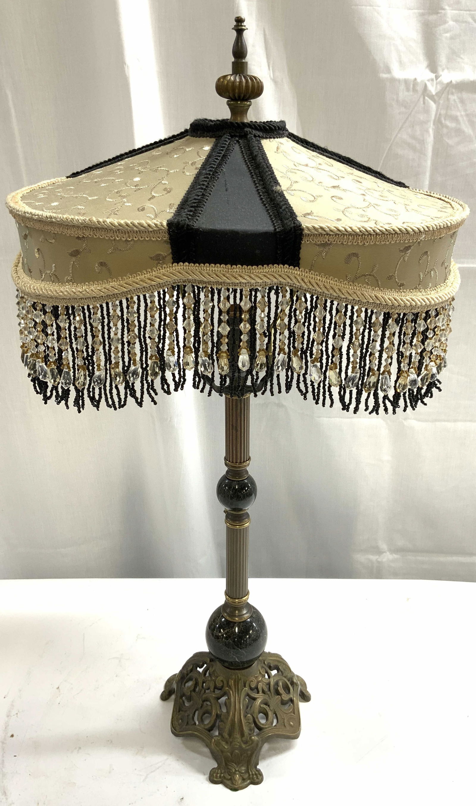 Vntg Brass & Marble Victorian Fringe Shade Table Lamp (1 of 10)