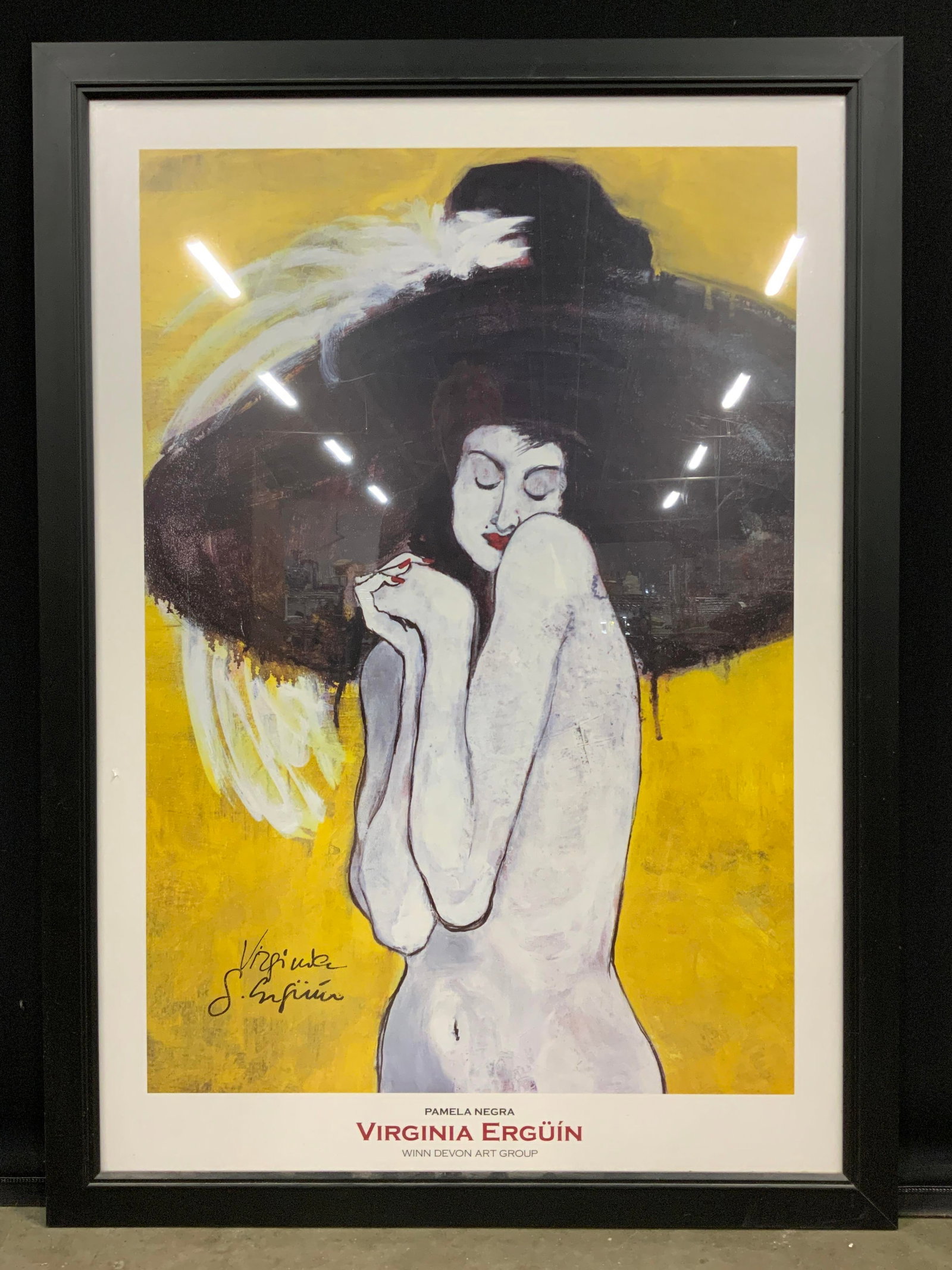 Virginia Erguin Nude Woman with a Large Hat Litho: Lithograph on paper. Large art. Original art by Virginia Erguin. Titled Pamela Negra. Print published by Winn Devon Art Group. Subject depicts a portrait of a pale nude woman wearing a large black hat