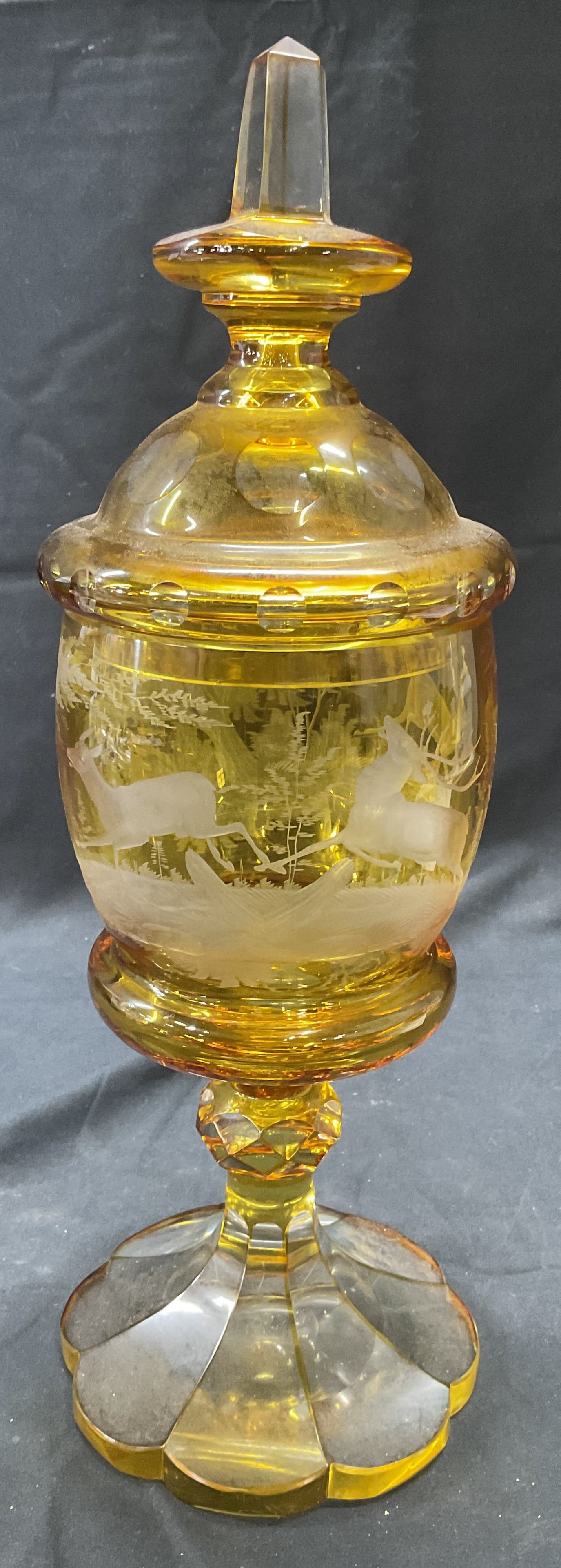 Yellow Bohemian Glass Deer Pokal Urn/Goblet (1 of 7)