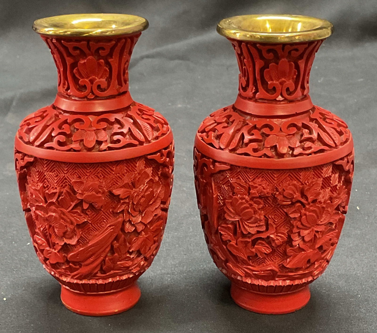 Pair Cinnabar Style & Brass Carved Bud Vases (1 of 6)