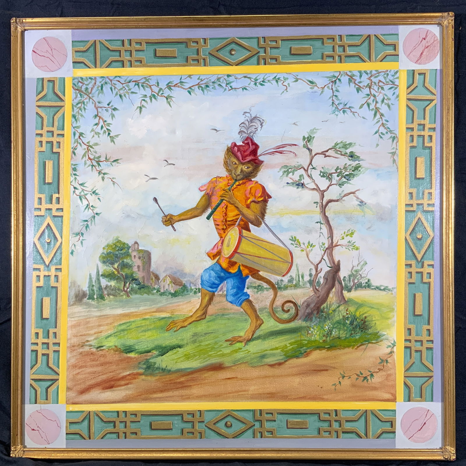 Anthropomorphic Monkey Musician Oil Painting: Oil painting on canvas. Subject depicts an anthropomorphic monkey playing the flute and holding a drum. Painted border has a gilt art deco style with circular motifs in corners. Framed in a gilt woode