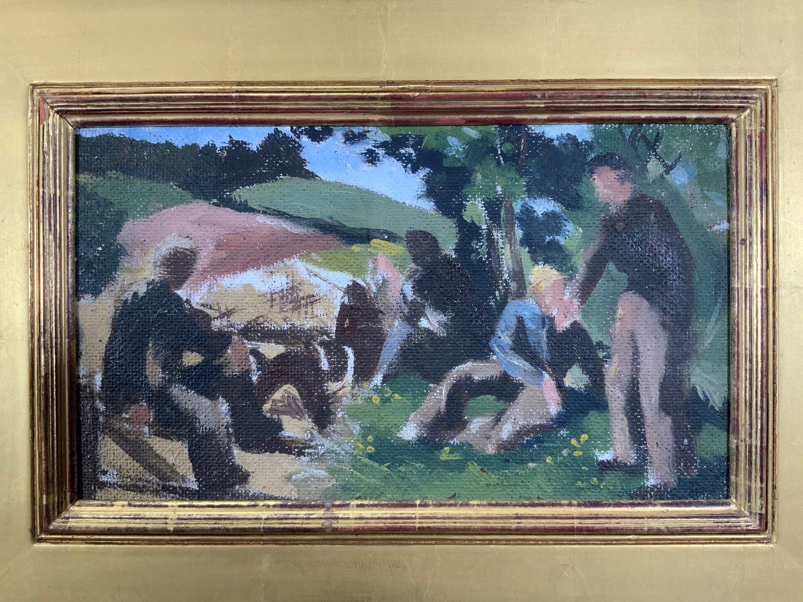 Bernard McDonagh Gathering Under Trees Oil: Oil painting on Masonite board. Signed on verso. Titled A Gathering Under The Trees. Subject depicts a group of men sitting and talking underneath trees. Framed in a gilt wooden frame. Frame measures