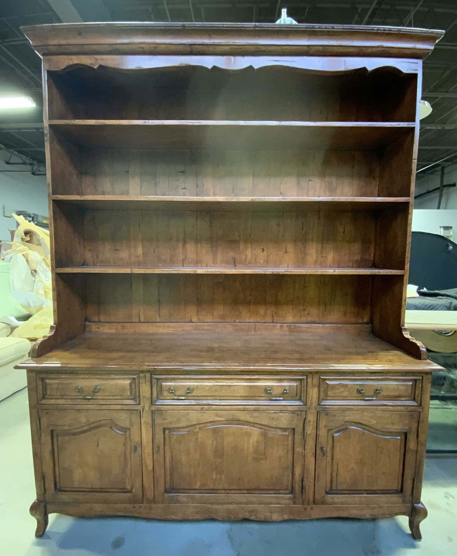 MELROSE COLLECTION Vntg European Wooden Hutch: Interior of drawer has plaque which reads MELROSE COLLECTION. Hutch is tan toned and wooden. Piece has 3 drawers with dovetailing and gilt metal handles and 3 cabinet doors. Piece measures approximate