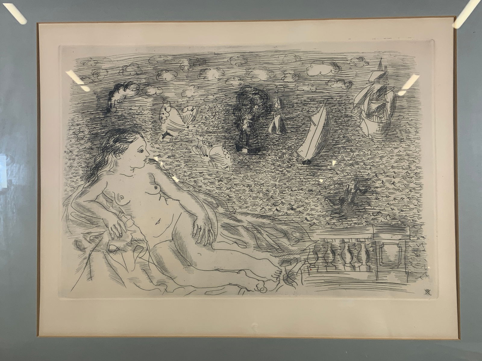 Vntg Raoul Dufy Nude Woman by the Sea Etching: Etching print on paper. Art by Raoul Dufy, (1877-1953). Subject depicts a woman lounging on a terrace, over looking the sea and boats, two butterfly float by her head. Imprint on bottom reads Mueseum