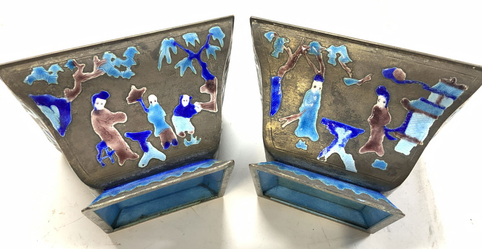 Pair Enamel Asian Chinoiserie Footed Cachepots (1 of 6)