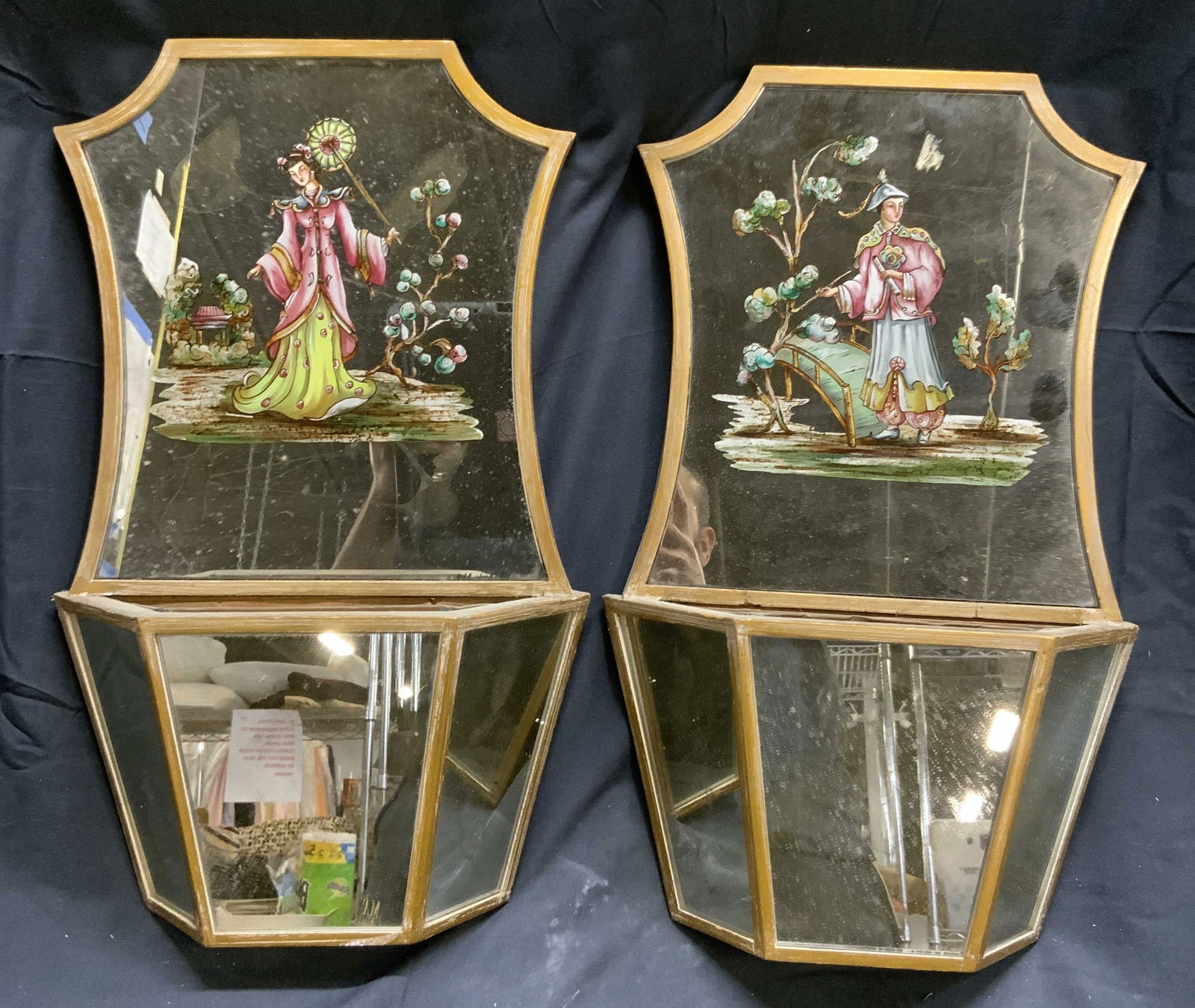 Pr Vntg Asian Mirrored Wall Planters W Painted Det (1 of 9)