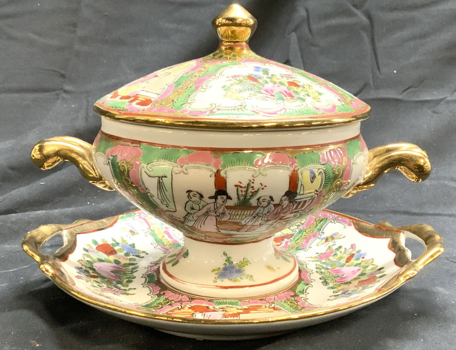 Set 2 Vntg Asian Porc Lidded Vessel & Saucer (1 of 8)