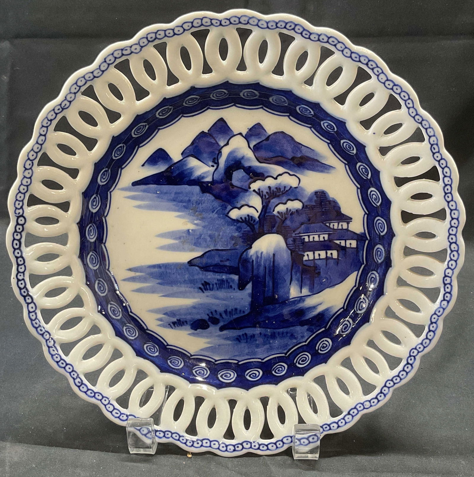 Signed Blue & White Reticulated Porcelain Plate (1 of 6)
