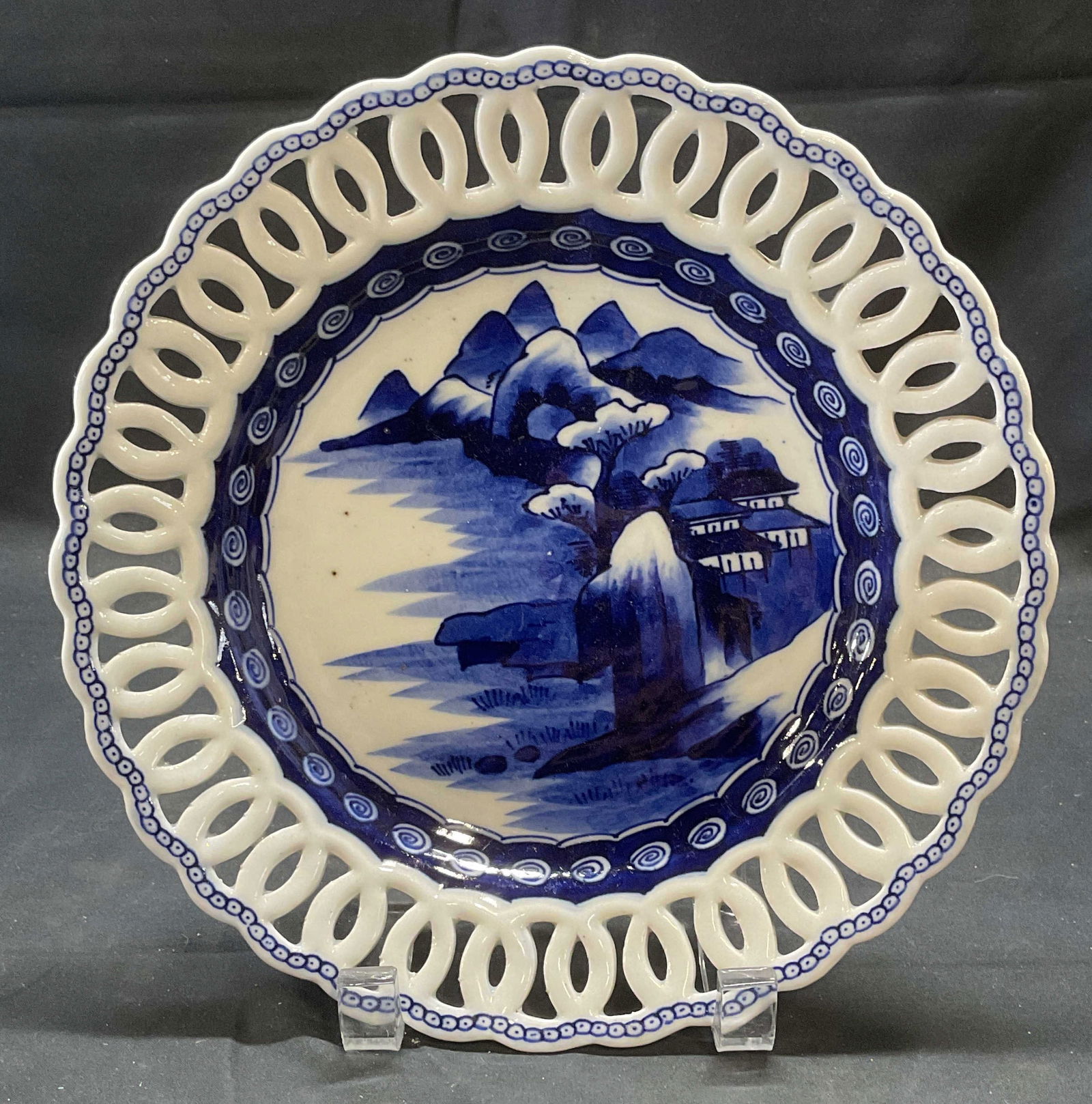 Signed Blue & White Reticulated Porcelain Plate (1 of 6)
