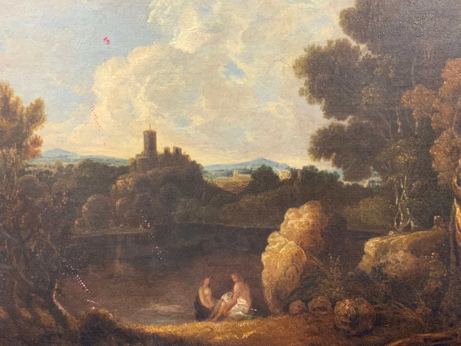 T Wilson 19thC Nude Bathers Oil Painting 1870 Antq: Oil painting on canvas. Signed on verso. Signature reads T. Wilson. Dated on verso 1870. Subject depicts two nude figures bathing in a lake with a castle overlooking them in the treeline. Canvas measu