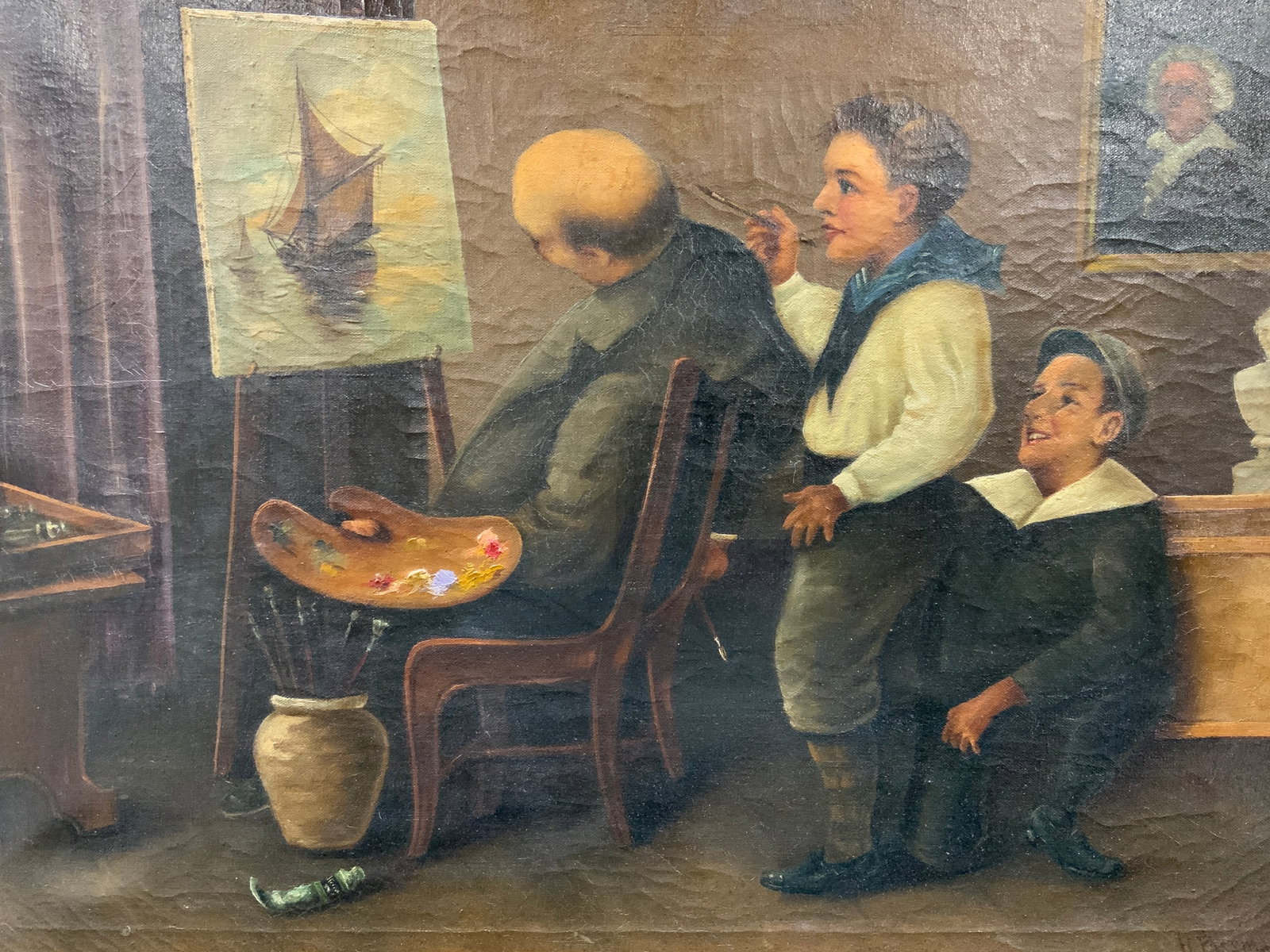 Signed & Framed Painters Apprentice Oil Painting: Oil painting on canvas. Signed in lower right corner. Signature illegible. Subject depicts an older man who has fallen asleep at his easel while painting and two younger boys painting a face on the ma