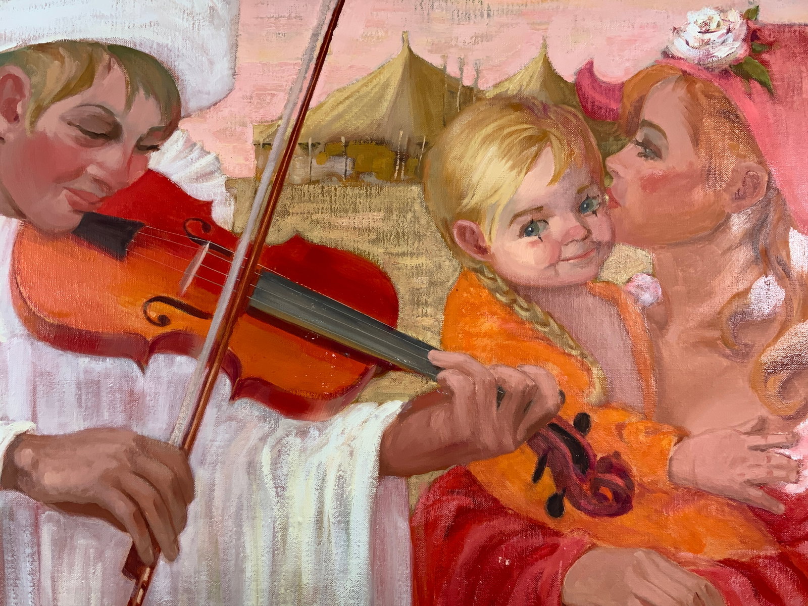 Vntg Herbert Fiedler Sgnd Family Act Oil Painting: Oil painting on canvas. Signed in lower right corner. Art by Herbert Fiedler (1891-1962). Subject depicts a family portrait of a family of clowns, the father is dressed all in white and is playing the