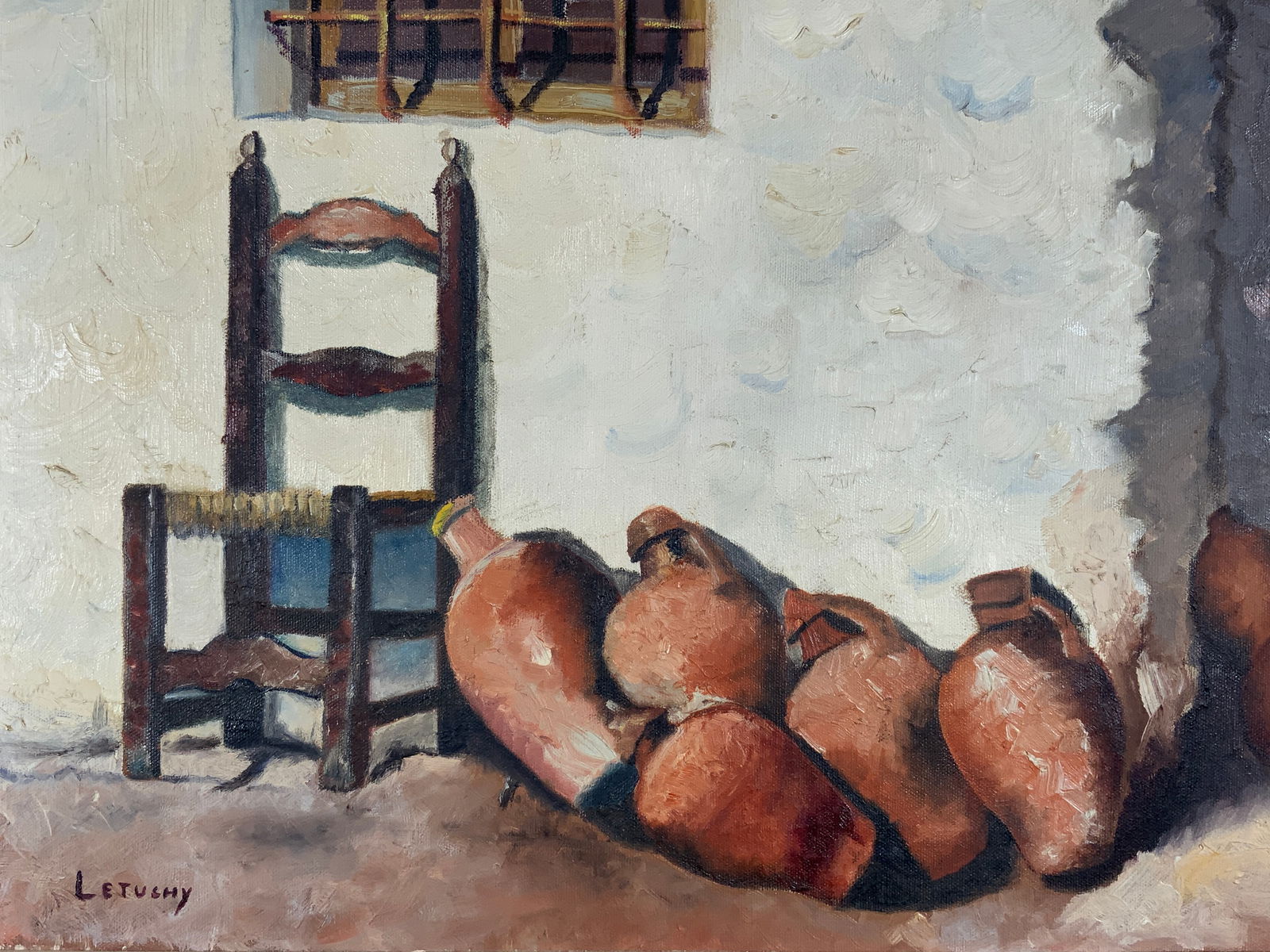 Framed & Signed Letuchy Clay Vases Oil Painting: Oil painting on canvas. Signed in lower left corner. Signature reads Letuchy. Subject depicts an elderly group of clay vases lying on top of each other next to a wooden chair. Framed in a gray wooden