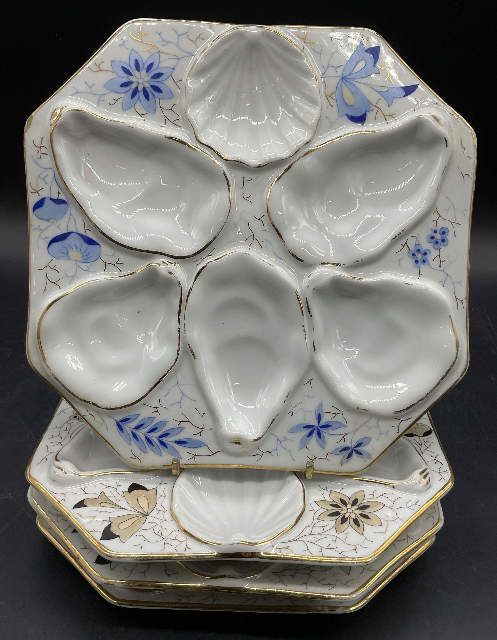 Set 4 Hand Painted Porcelain Oyster Plates (1 of 13)