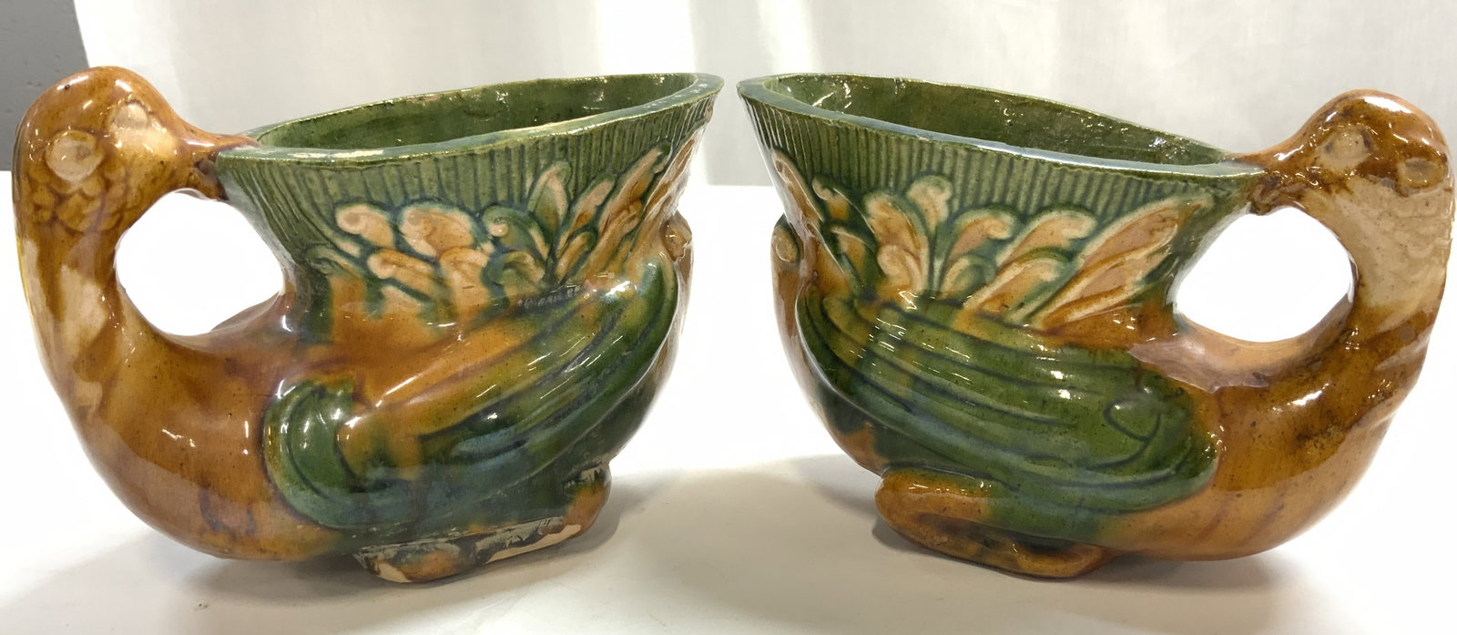 Pr Vintage Asian Glazed Bird Pottery Pitchers (1 of 8)