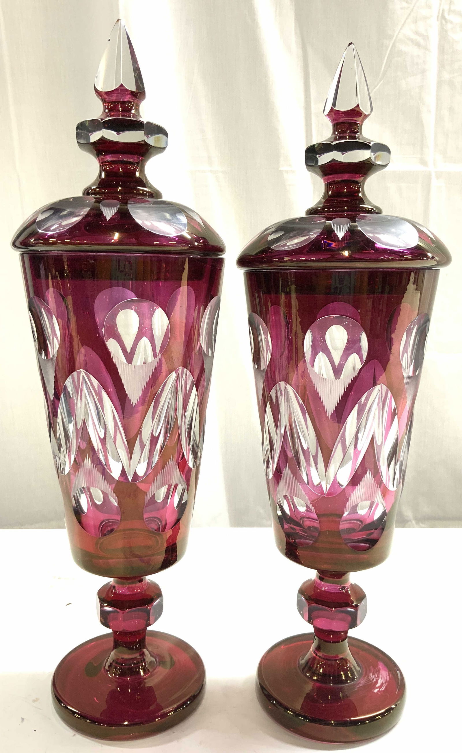 Pr Cranberry Bohemian Glass Lidded Vessels (1 of 8)