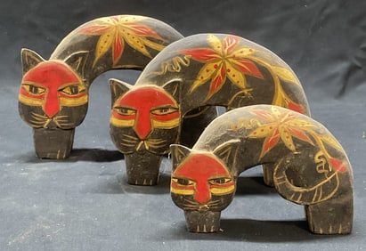 Lot 3 Hand Painted Wooden Cat Figurals