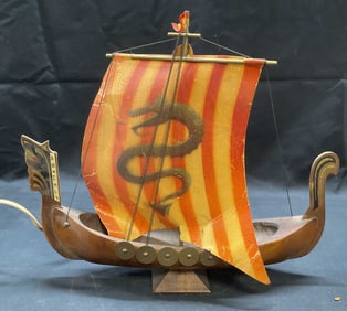 Vintage Wood Viking Ship Table Lamp, Holland