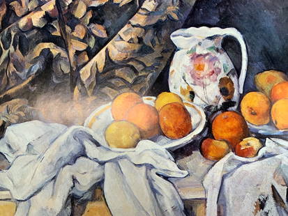 After Paul Cezanne Still Life, ca Oranges Litho: Lithograph on paper. After Paul Cezannes art. Titled Still Life,ca. Subject depicts a still life of bunched fabrics and oranges and a water vase. All rights reserved to M. Knoedler & Co. Lithograph me