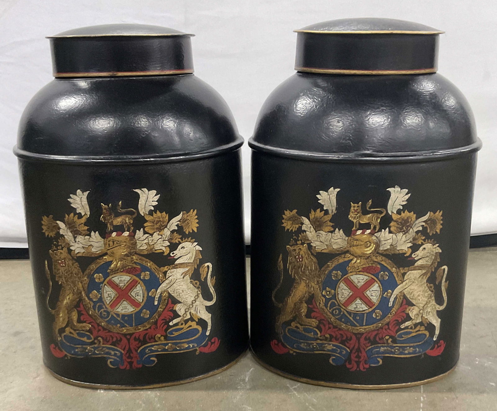 Pair Vintage Tole Crest Motif Canisters W/ Lids (1 of 11)