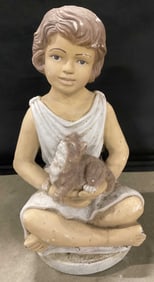 Vntg Signed Cast Stone Girl W/ Cat Garden Statuary