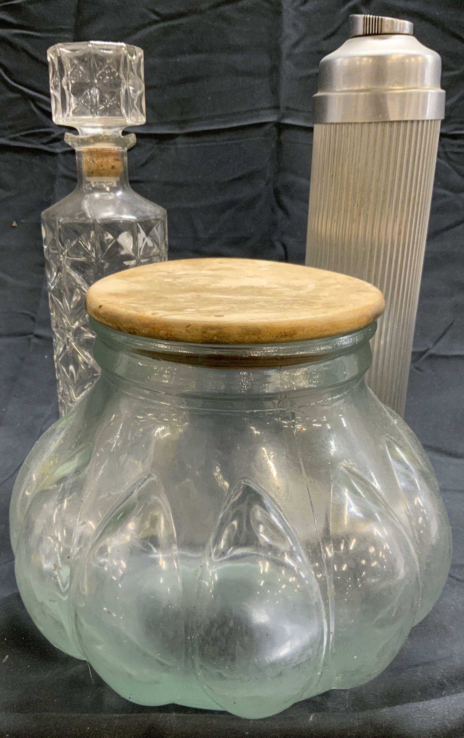 Lot 3 Glass & Metal Vessels W Lids, Emson MTC +: All are vintage, two are signed etched or stamped on underside. Metal piece underside reads EMSOM Products Corp Bridge(illegible) Conn. EEZEE-POUR Pat Pend. Decanter underside reads D-126 MTC hallmark