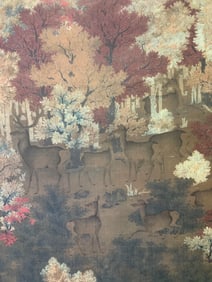 Asian Silk Scroll Hanging Herd of Deer 82in