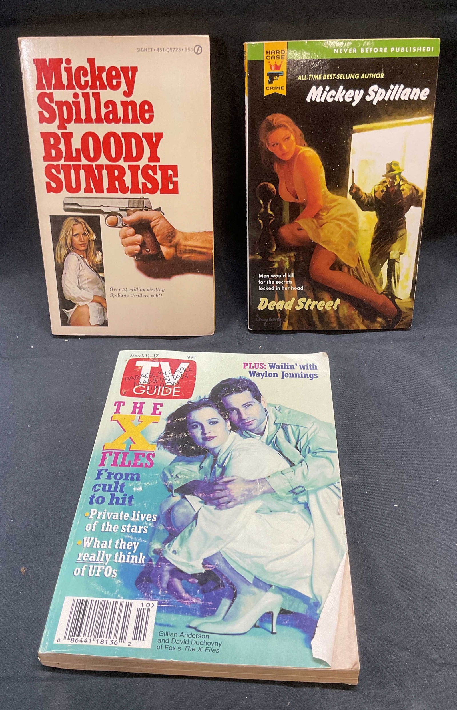 3 Vintage X Files TV Guide, Thriller Books 1965-07: Lot of 3 vintage paperback books. TV Guide March, 1995 with The X Files cover. David Duchovny and Gillian Anderson. Dead Street by Mickey Spillane (Dorchester Publishing, 2007). Bloody Sunrise by Mick