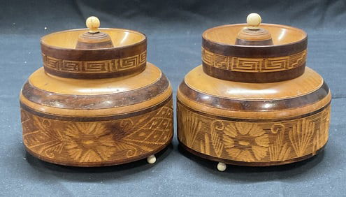 Near Pair Carved Wood Floral Lidded Vessels