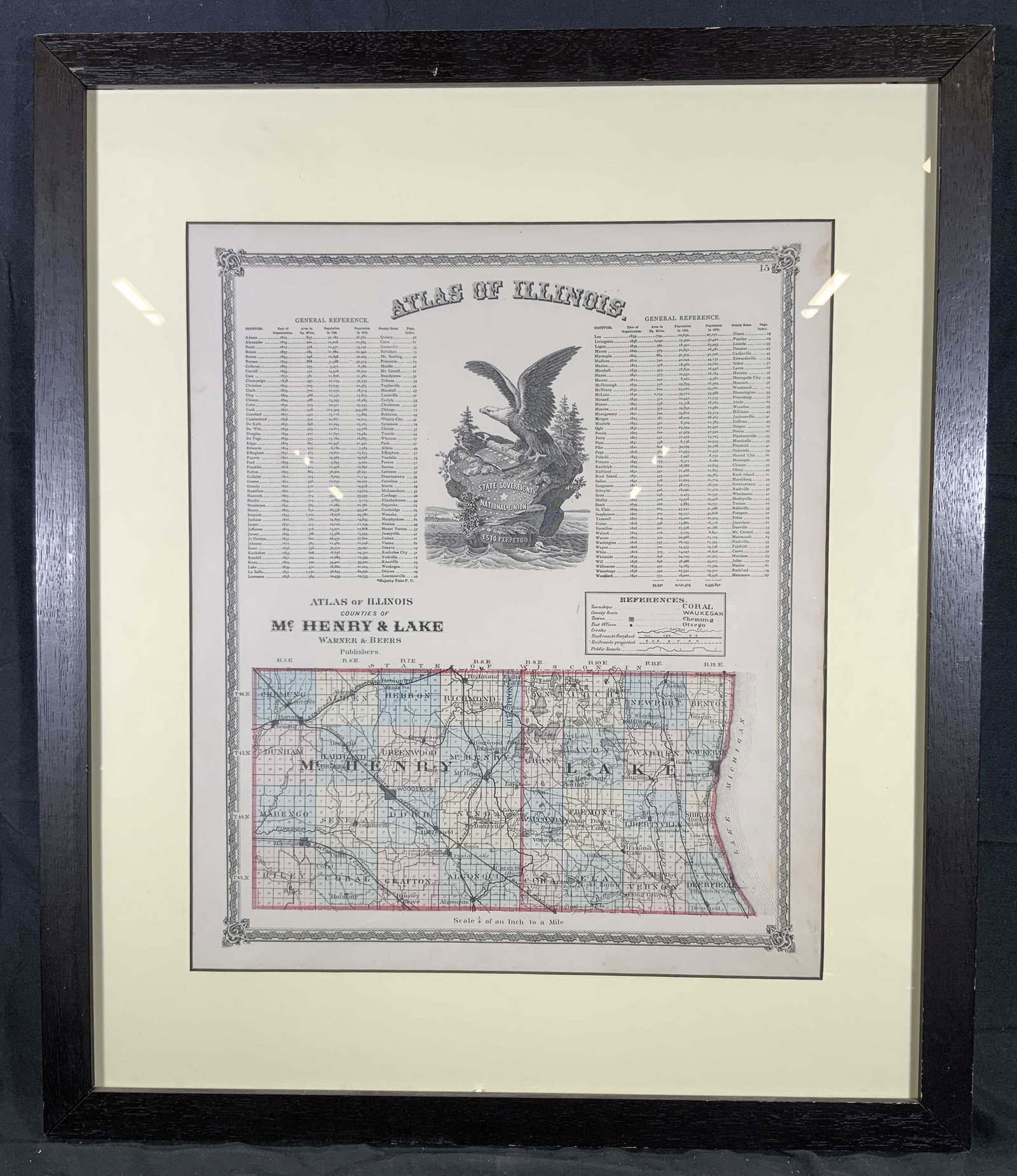 Atlas of Illinois Counties of McHenry & Lake Litho: Lithograph on paper. Subject depicts a map of Illinois with a general reference and map key that includes towns, creeks, railroads, and public roads. A motif of an eagle with a United States shield si