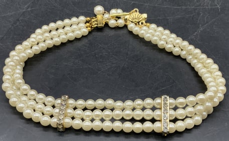 Vintage Three Strand Pearlescent Beaded Necklace