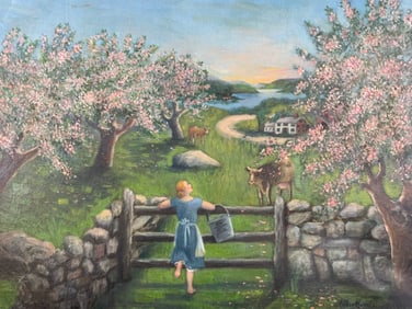 Esther Harnell 1925 Signed Farm Girl Oil Painting