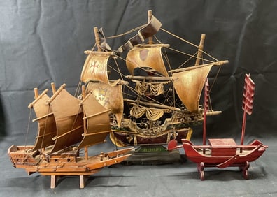 Lot 3 Vintage Wooden Ship Model Displays