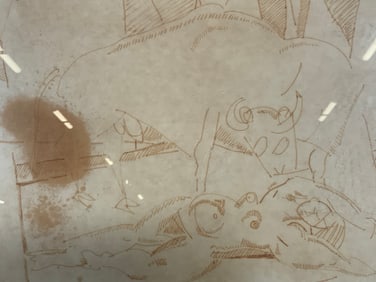 Framed Bull & Nude Woman Line Drawing