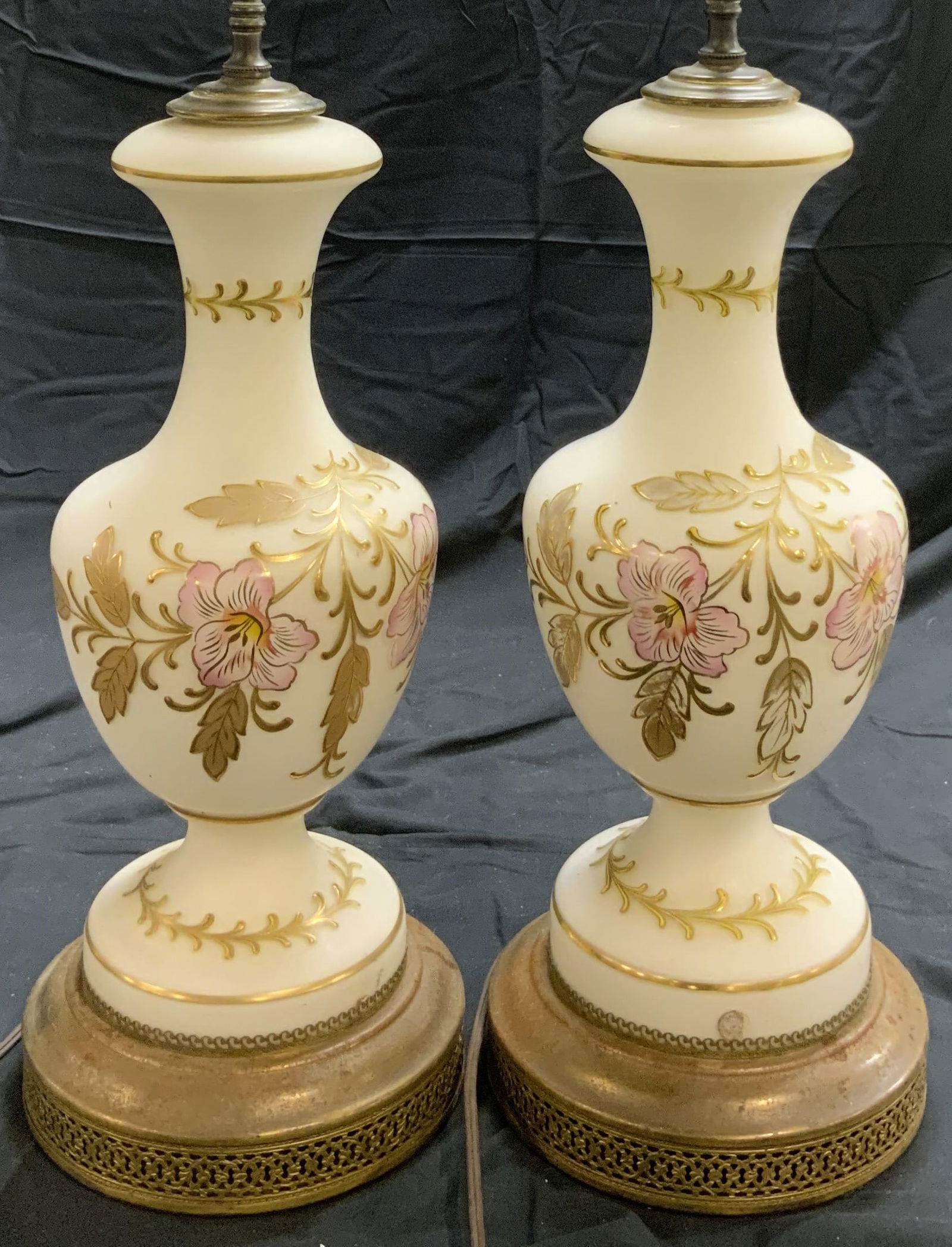 Pr Milk Glass Table Lamps W Gilt Floral Detail (1 of 9)