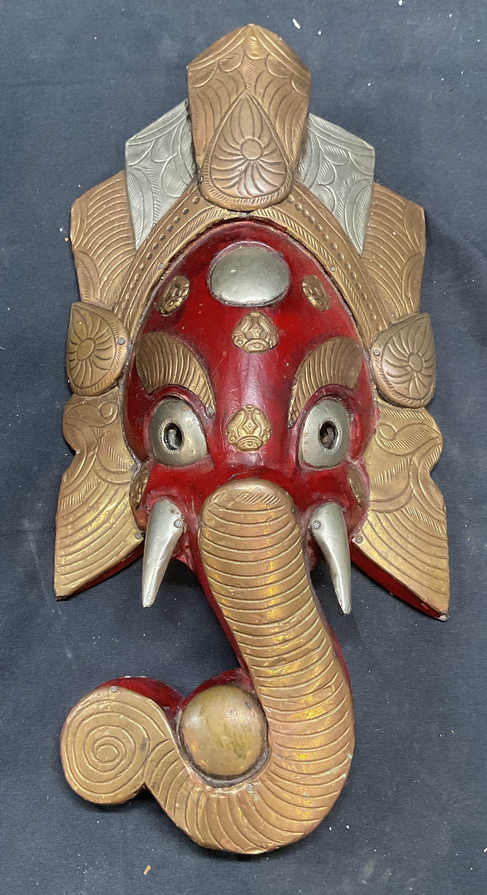 Brass Overlay Wood Hindu Ganesha Mask (1 of 7)