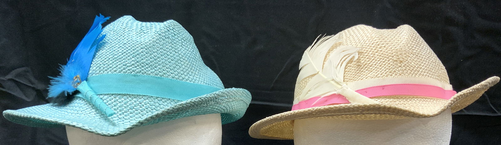 Lot 2 Brimmed Woven Straw Hats W Feathers (1 of 7)